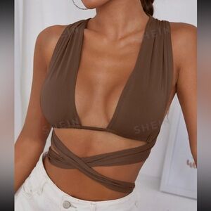 Brown Crisscross Tie Back Crop Top